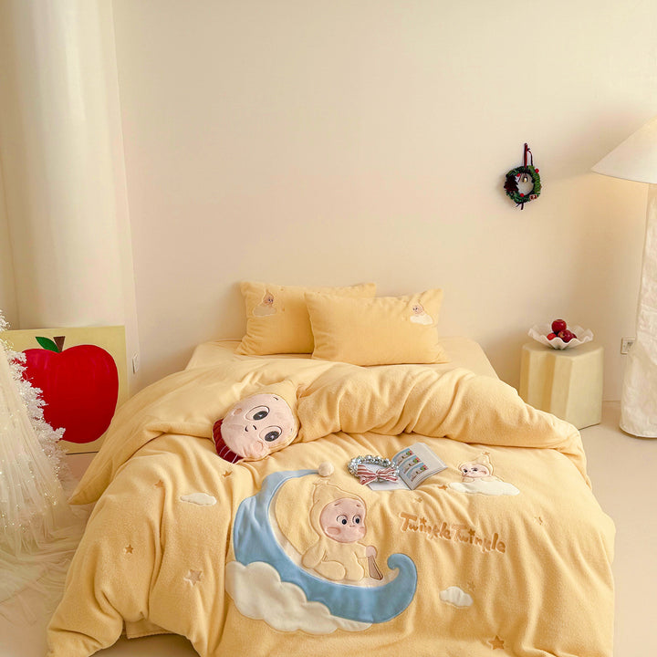 Plush Microfiber Embroidered Baby Moon Duvet Cover Set with Appliqué Pillow Shams