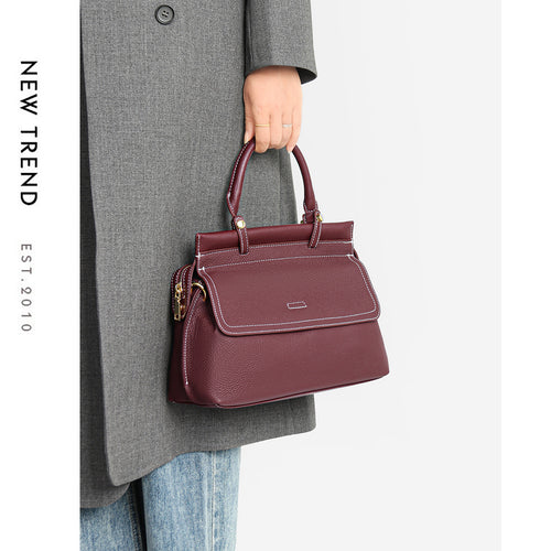 Top-Handle genarbtes Leder-Satchel mit Kontrastnähten