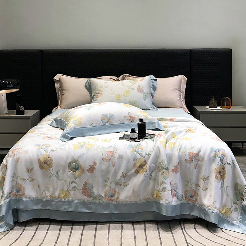 Luxuriöses Baumwollsatin-Bettwäsche-Set mit floralem Aquarellprint und feiner Satinkante
