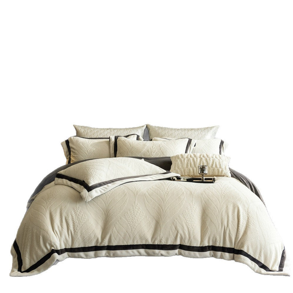 Quilted Leaf-Embossed Cotton Duvet Cover Ensemble with Piped Border & Matching Shams
