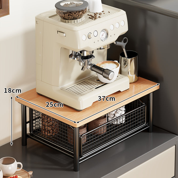 Kompakte Zwei-Ebenen-Countertop-Kaffee-Station-Organizer mit Holzoberfläche und herausziehbaren Drahtgitterkörben