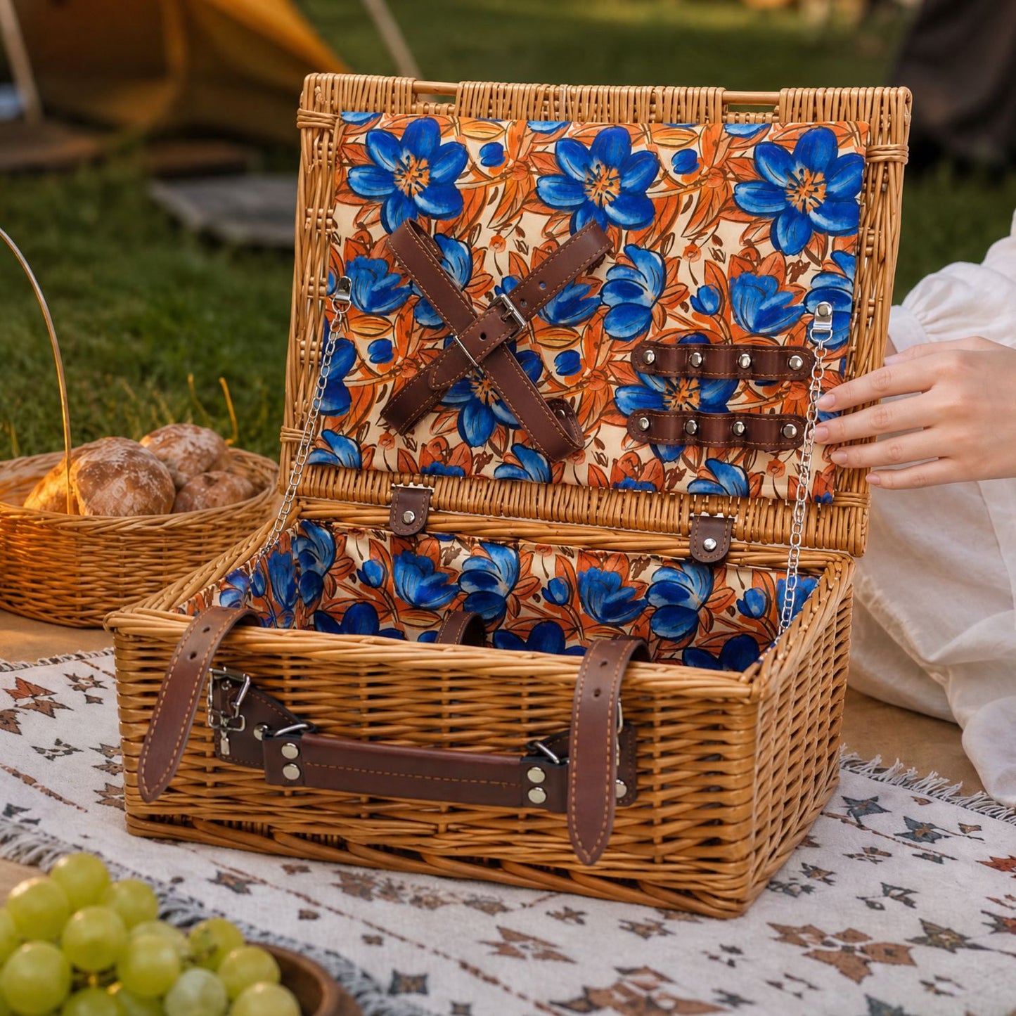 Damen luxuriöser Picknickkorb mit integriertem Geschirrset und isolierbarem Kühlfach Karnz