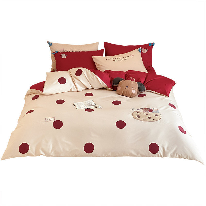Gestreiftes Baumwollbettwäsche-Set mit Applikations-Pony und Pom-Pom-Kissenbezügen