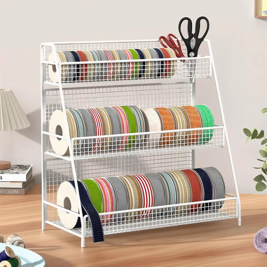 Vierstufiger geneigter Drahtgitter-Roll-Organizer-Ständer für Klebeband, Bänder und Bastelspulen