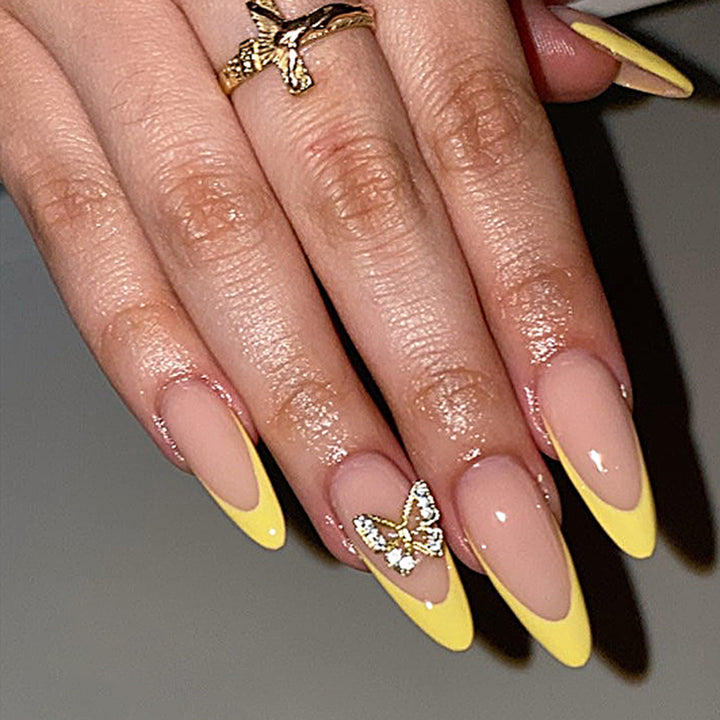 Kunstvolle Stiletto-Nägel mit glamourosem Schmetterlingsdesign Karnz