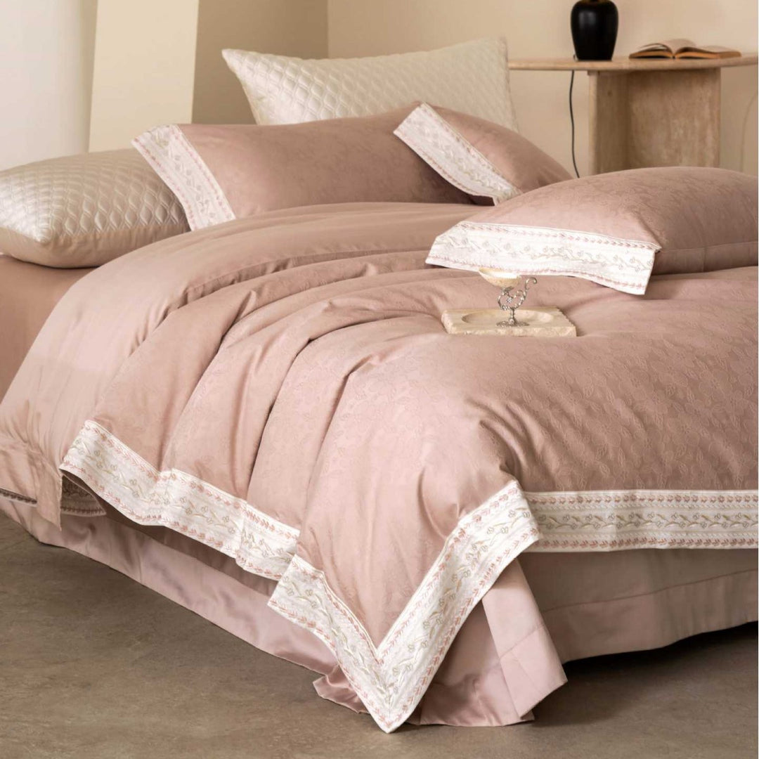 Jacquard-Texturiertes Baumwollsatin Bettwäsche Set mit Besticktem Rand und Kissenbezügen