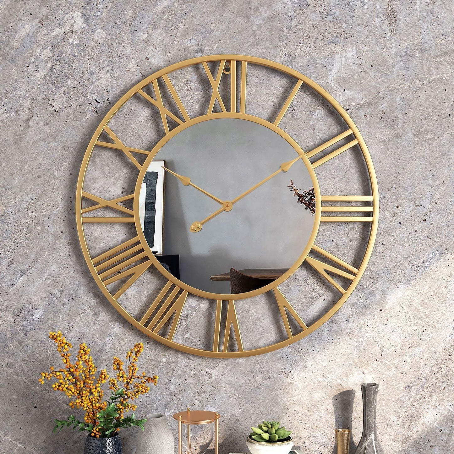 Metall Vintage Große Wanduhr mit Spiegel 39cm
