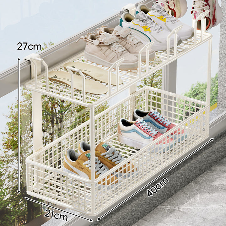 Über-Rail Balkon Schuh-Trocknungs- und Aufbewahrungskorb mit geteilten Mesh-Fächern