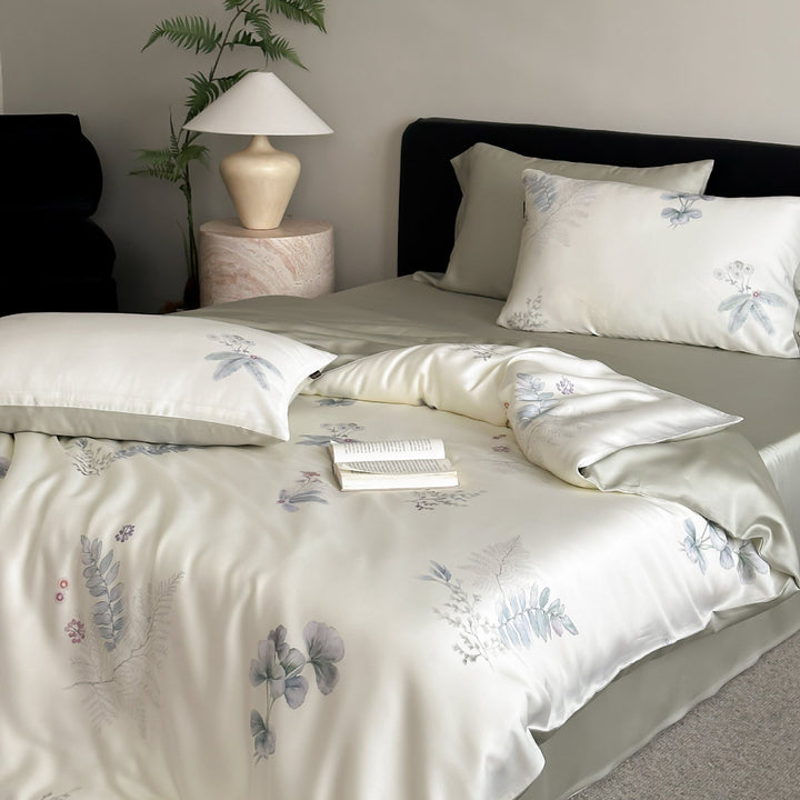 Umkehrbare Satin-Duvetbezug-Set mit botanischem Aquarelldruck