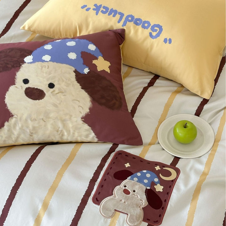 Gestreiftes Baumwollsatin Bettbezug-Set mit gesticktem Teddy-Applikation