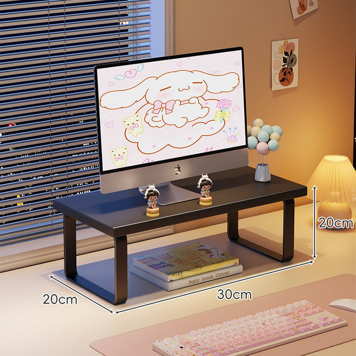 Kompakte Holz-Desktop-Monitorerhöhung mit Metallbeinen und unterer Ablagefläche