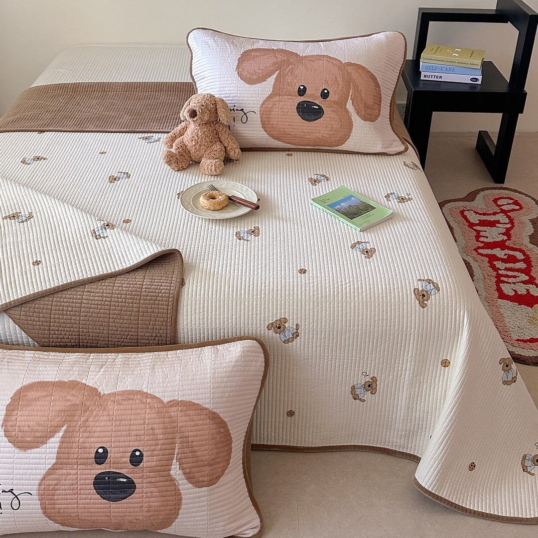 Kinderbett-Set mit gesteppter Kopfkissen-Garnitur, Matratzenauflage und Minky-Kuscheldecke