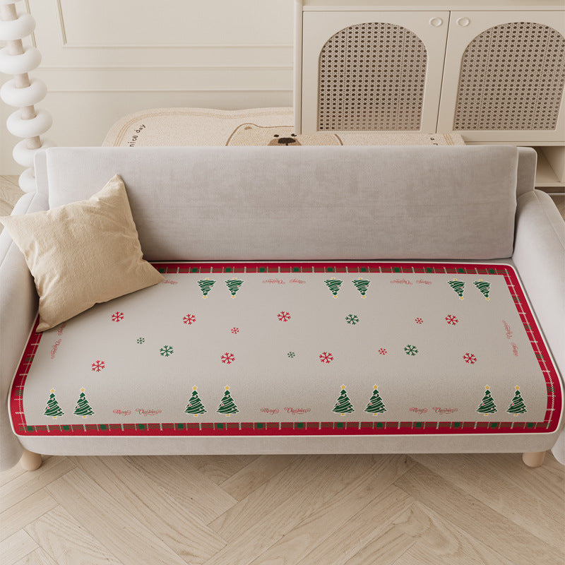 Quilted Holiday Sofa Seat Protector with Anti-Slip Backing and Christmas Tree Print