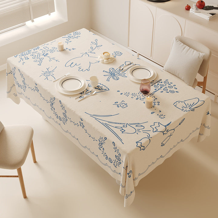 Printed Linen-Blend Rectangular Tablecloth with Botanical Line-Art and Scalloped Border
