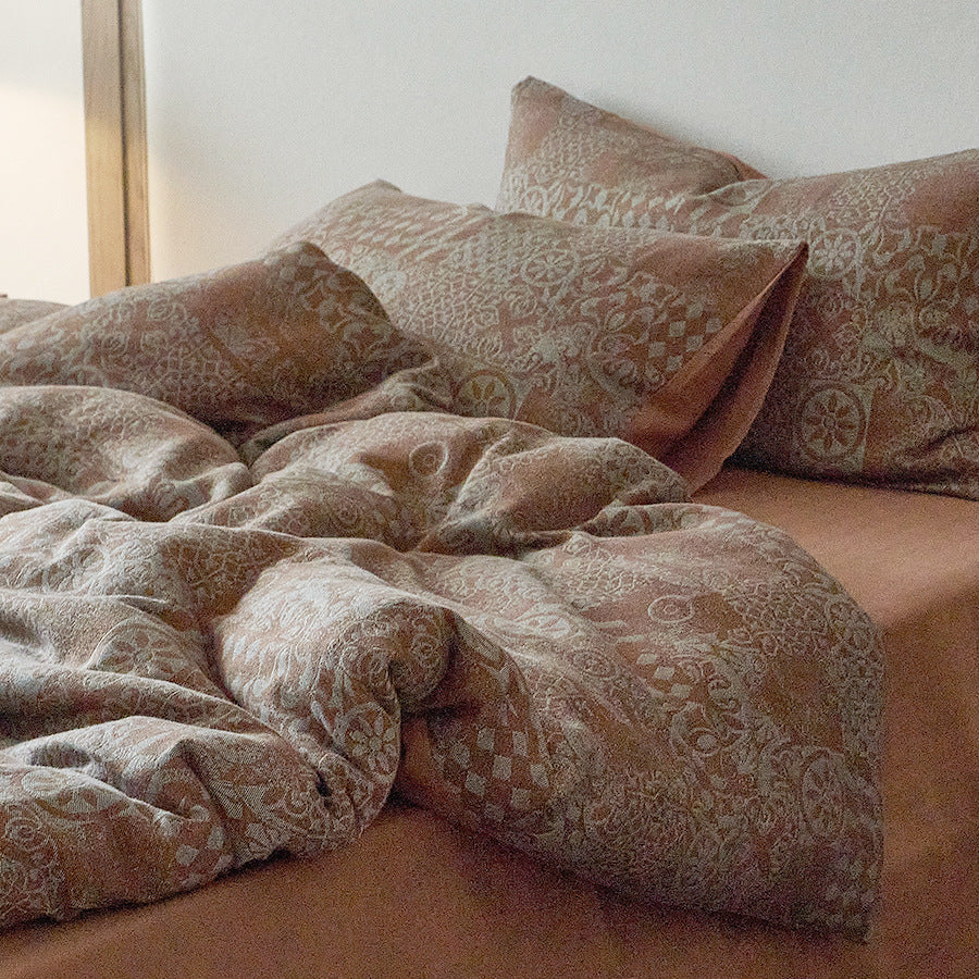 Washed Textured Linen-Blend Duvet Cover Set with Jacquard Motif and Envelope Closure