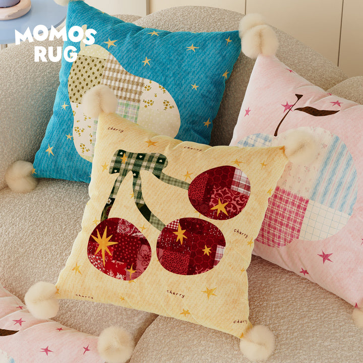 Patchwork Pear Appliqué Decorative Throw Pillow with Pom-Pom Corners