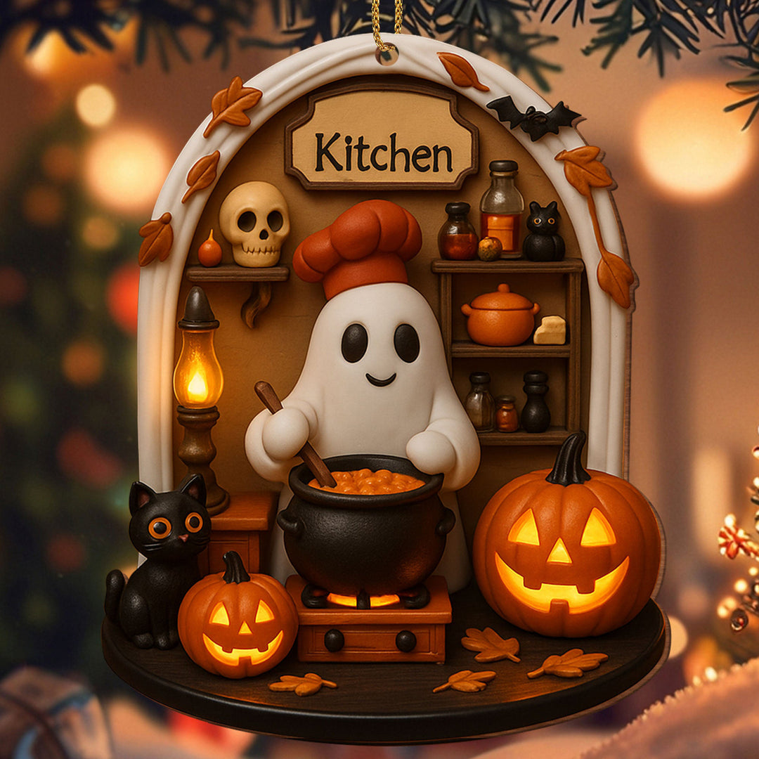 Hängender Halloween-Dekoanhänger aus Resin mit Gespenst beim Stricken und LED-Beleuchtung