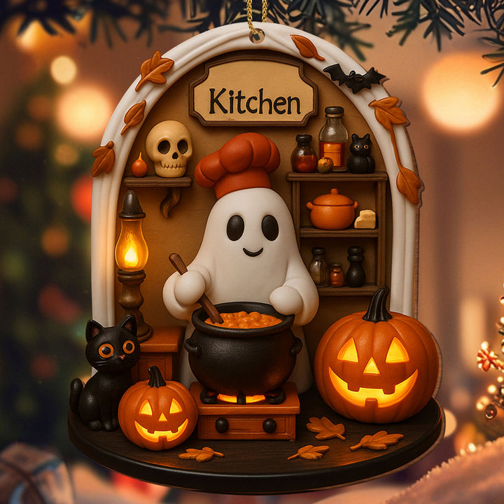Hängender Halloween-Dekoanhänger aus Resin mit Gespenst beim Stricken und LED-Beleuchtung