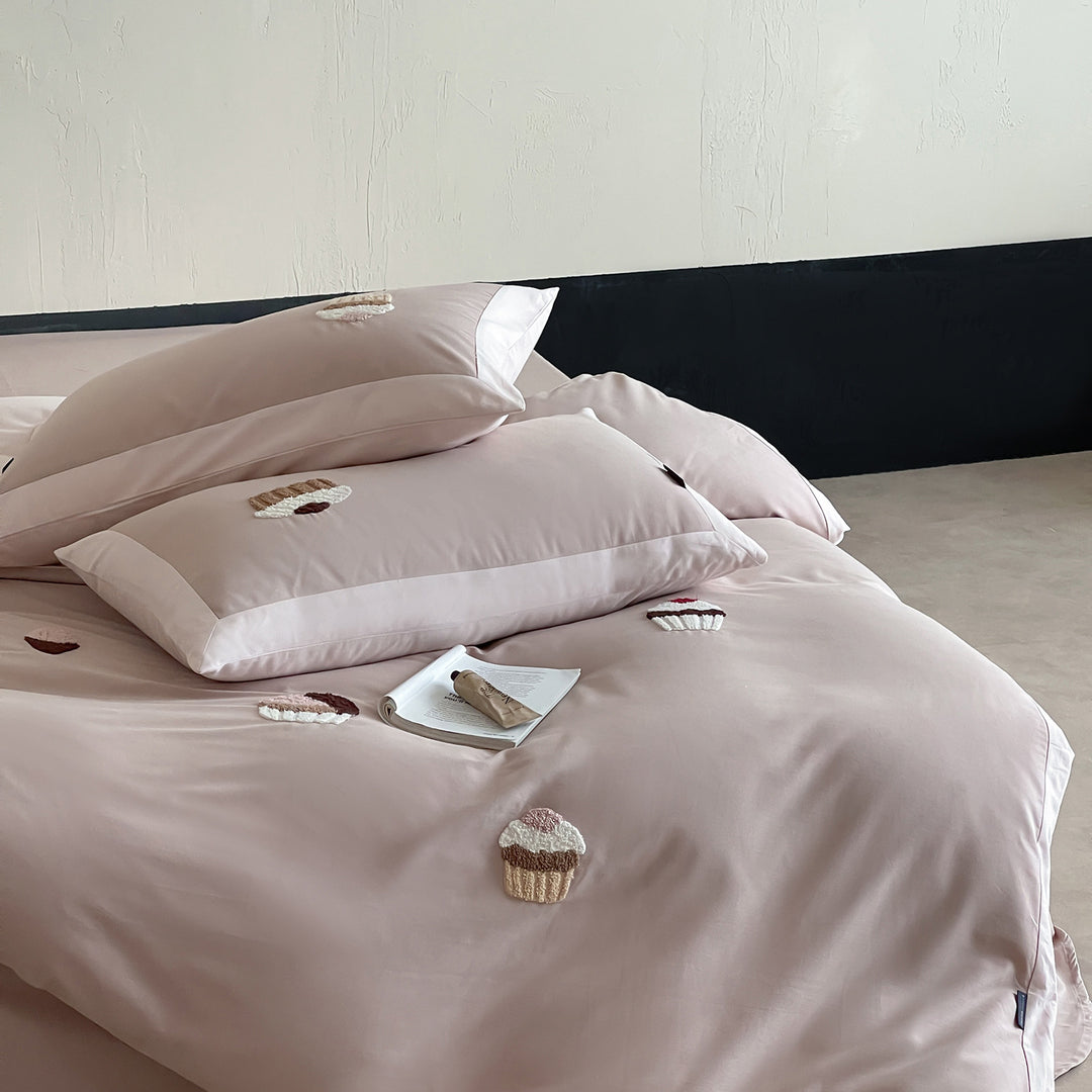 Bestickte Cupcake Baumwollsateen Bettbezugset mit Applikationsdetails