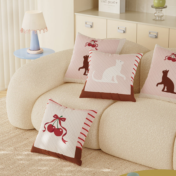 Square Cotton-Linen Throw Pillow Cover with Whimsical Cat Silhouette and Festive Cherry Ribbon Print