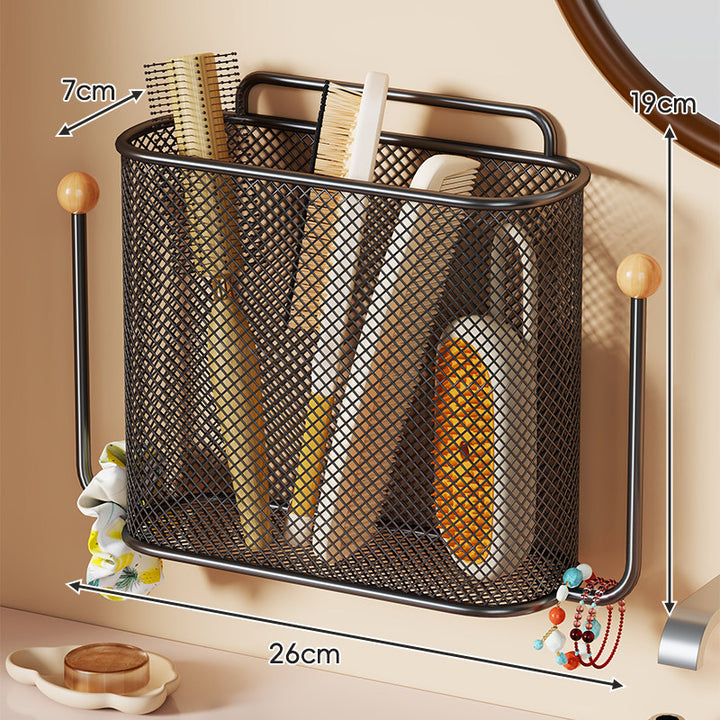 Wandmontierter Mesh-Waschtisch-Organizer-Korb mit zwei Holzknopf-Haken
