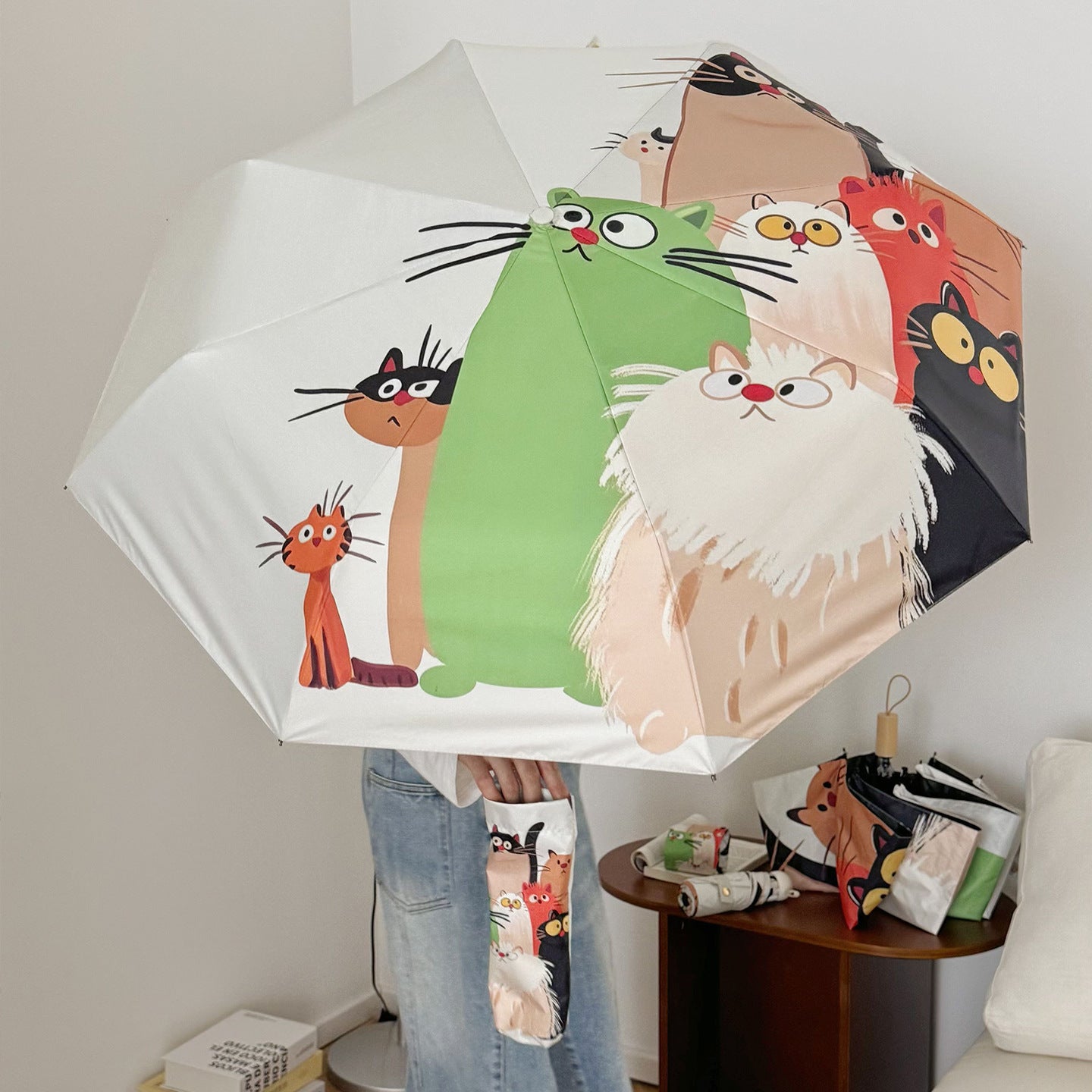 Damen Faltbarer Regenschirm mit verspieltem Katzenmotiv Karnz
