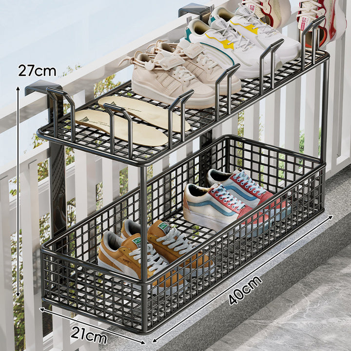 Über-Rail Balkon Schuh-Trocknungs- und Aufbewahrungskorb mit geteilten Mesh-Fächern