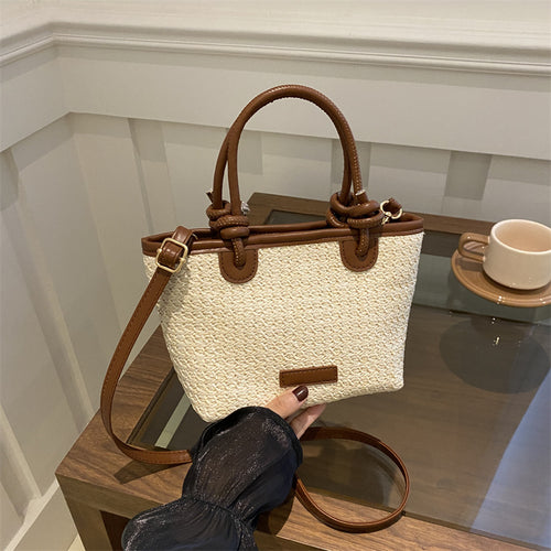 Woven Straw Tote-Handtasche mit Lederakzenten