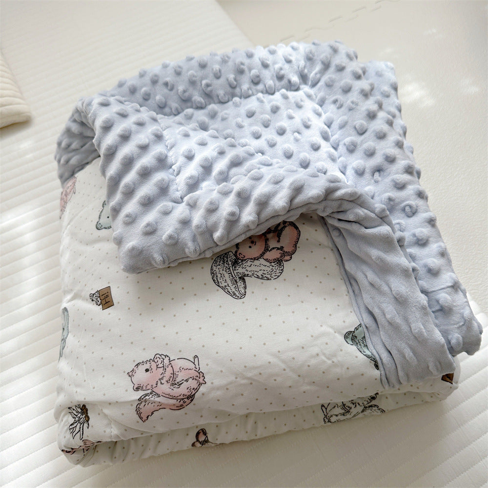 Wendbare Minky Dot Babydecke mit Baumwoll-Teddy-Druck und gestepptem Futter