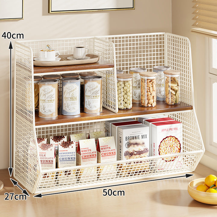 Multi-Ebenen Drahtgitter Arbeitsplatten Vorratsraum Organizer mit Holzregalen und Korb