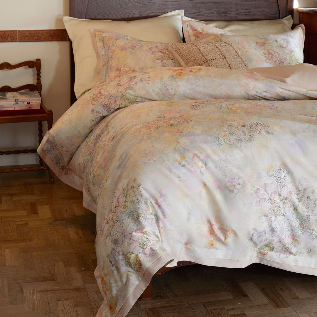 Elegantes Satin-Bettbezug-Set mit Paisley- und Blumen-Dekor sowie verdecktem Reißverschluss