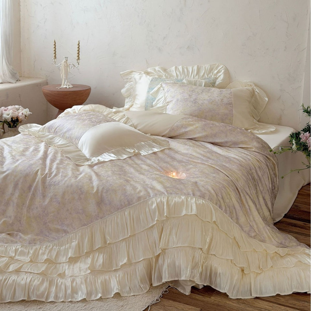 Rüschensatinbesatz Blumencotton-Satin Bettbezug-Set