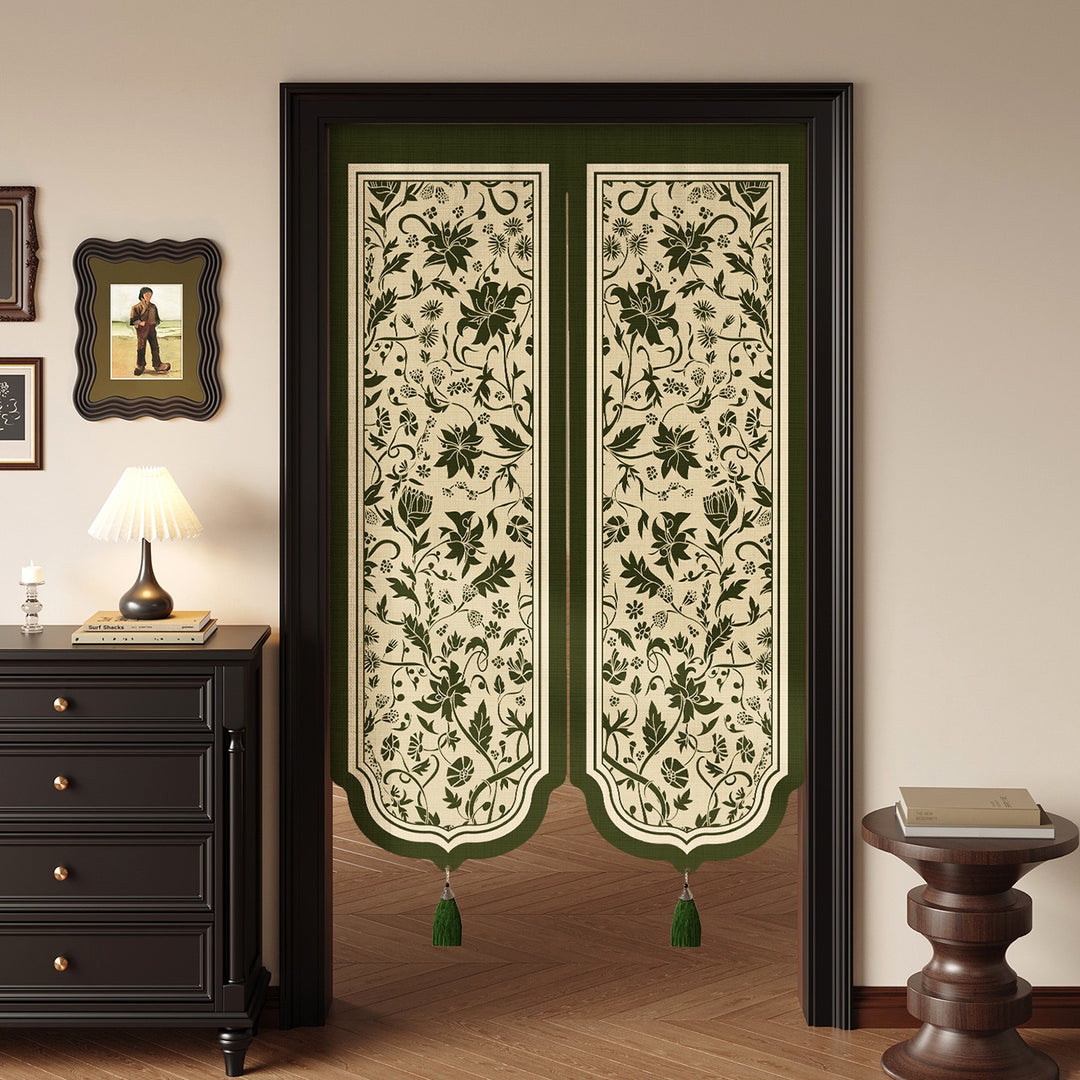 Decorative Split Noren Door Curtain Panel with Floral Jacquard and Tassel Weights