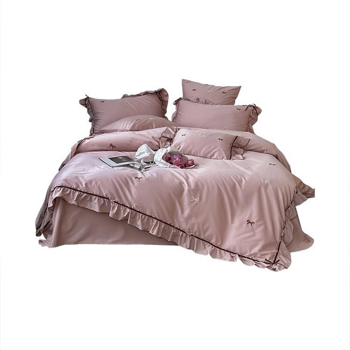 Rüsch Satin-Feel Besticktes Schleifen Bettbezug Set mit Oxford Kissenbezügen