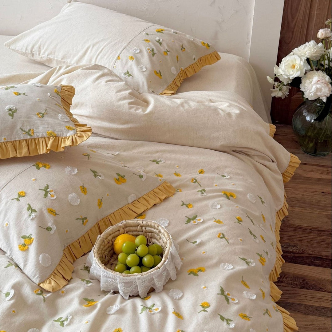 Baumwoll-Leinen-Bettbezug-Set mit floraler Stickstruktur und dekorativem Volant