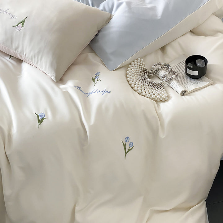 Botanisch besticktes Baumwollsatin Bettbezugset mit Kissenbezügen