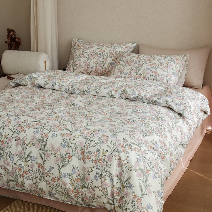 Baumwollsatin-Bettwäschegarnitur mit feinem Aquarell-Blumenmuster und weichem Griff