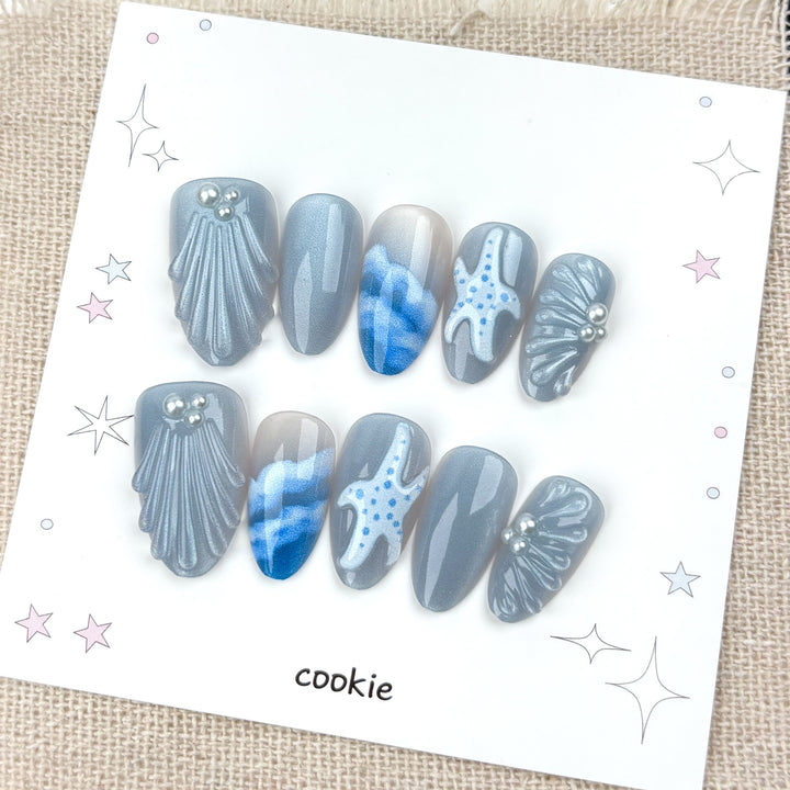 Vom Ozean inspiriertes Press-On Nagelkunst Set