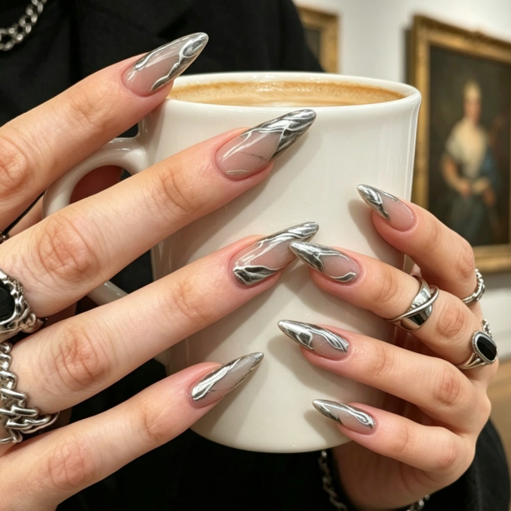 Metallic Marmor Kunst Stiletto Press-On Nägel Karnz