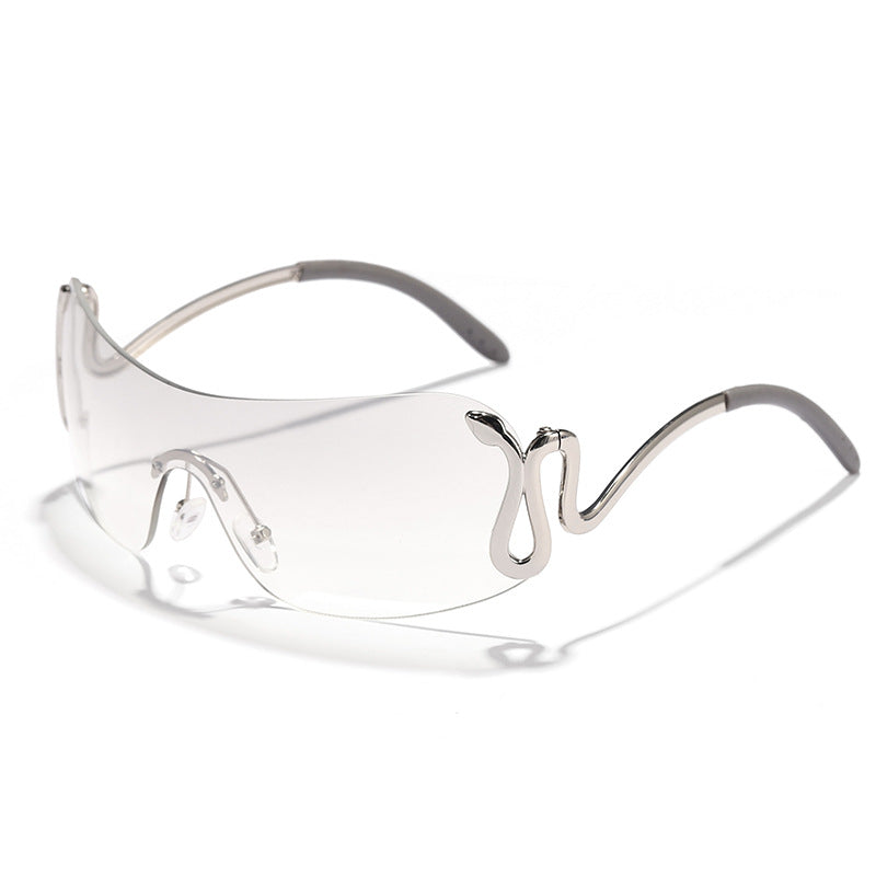 Damen modische futuristische Sonnenbrille mit geschwungenem Rahmen Karnz