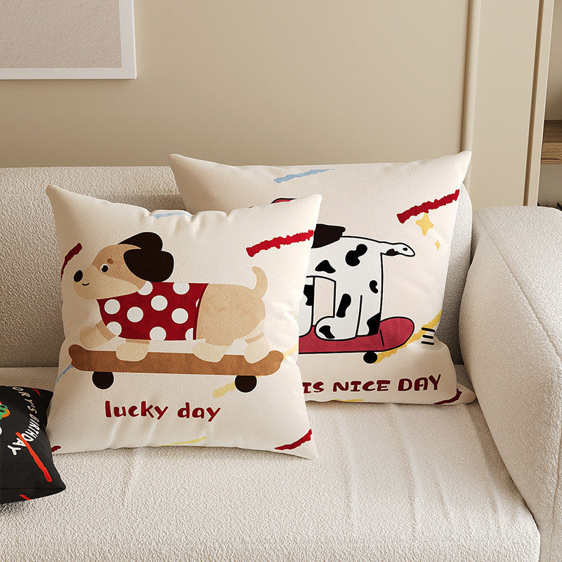 Square Decorative Throw Pillow Cover with Cute Cartoon Cat Illustration and Vertical Pink Stripe Linen-Blend