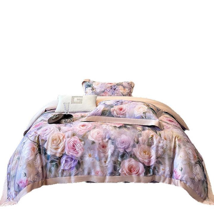 Luxuriöses Satin-Bettwäscheset mit Rosenmuster und seidig-glänzender Oberfläche