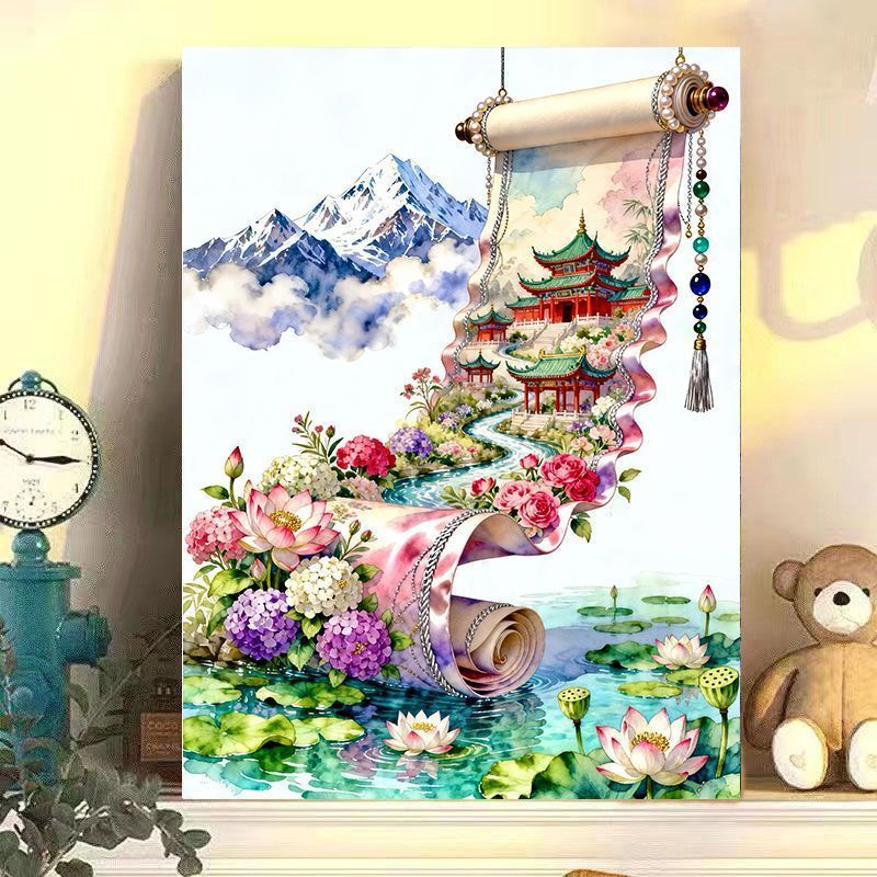 Elegante chinesische Landschaftsrollenkunstdruck Karnz