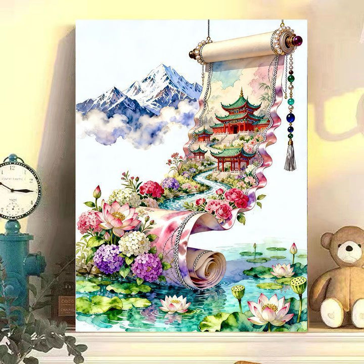 Elegante chinesische Landschaftsrollenkunstdruck Karnz