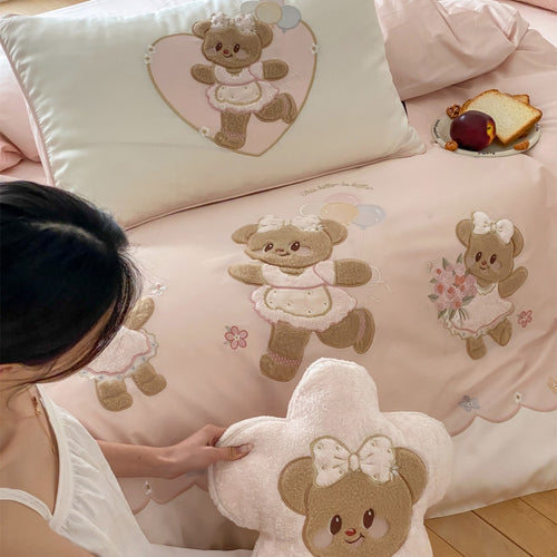 Bestickte Teddy Bear Luxus Baumwoll-Satin Jugend Bettwäsche Set