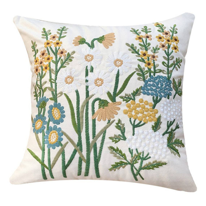 Quadratischer Kissenbezug mit handgesticktem Wildblumen‑Relief, Leinen‑Baumwollmix und verdecktem Reißverschluss Karnz