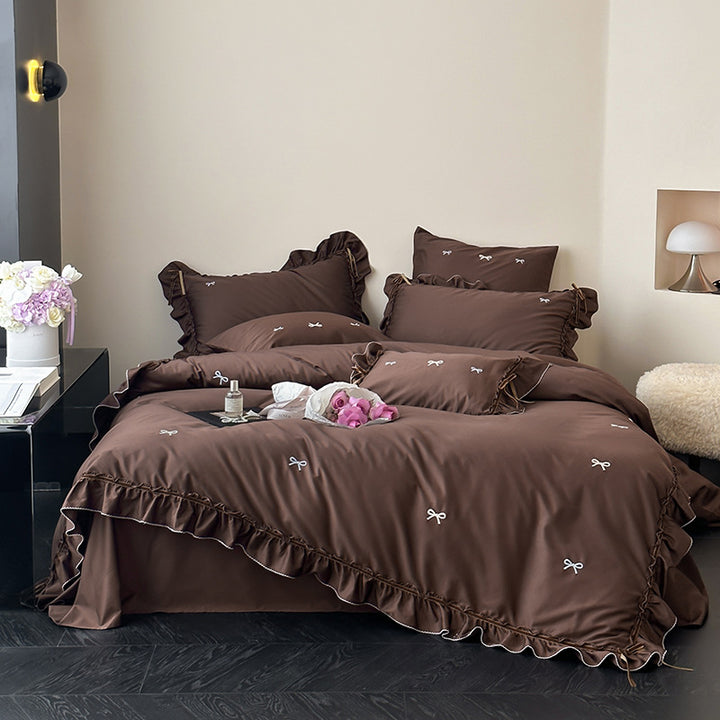 Rüsch Satin-Feel Besticktes Schleifen Bettbezug Set mit Oxford Kissenbezügen
