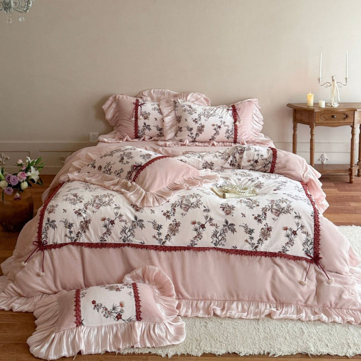 Romantisches Floral Rüschende Bettbezug & Dekorative Kissenbezug Bettwäsche Set