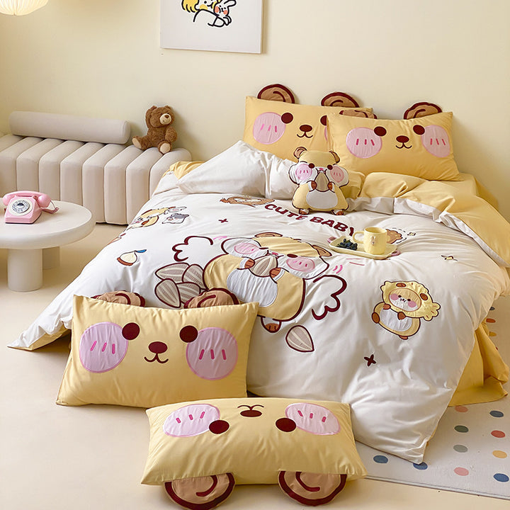 Kinder Cartoon Katze Baumwollsatin Bettbezug Set mit ohrförmigen Kissenbezügen und plüschigem Akzentkissen