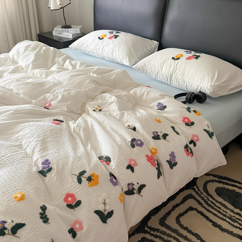 Texturiert Gesticktes Floral Bettbezug-Set mit Tufted Applikation